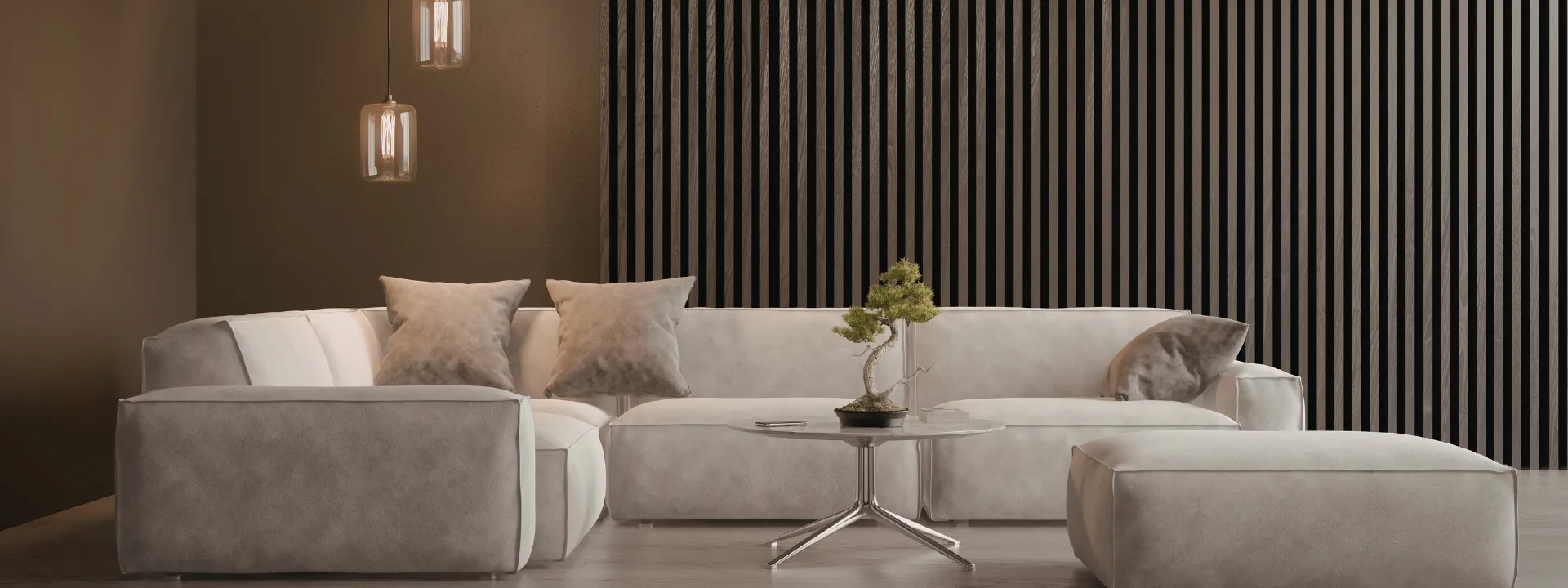Soft neutral living room with sculptural sofa